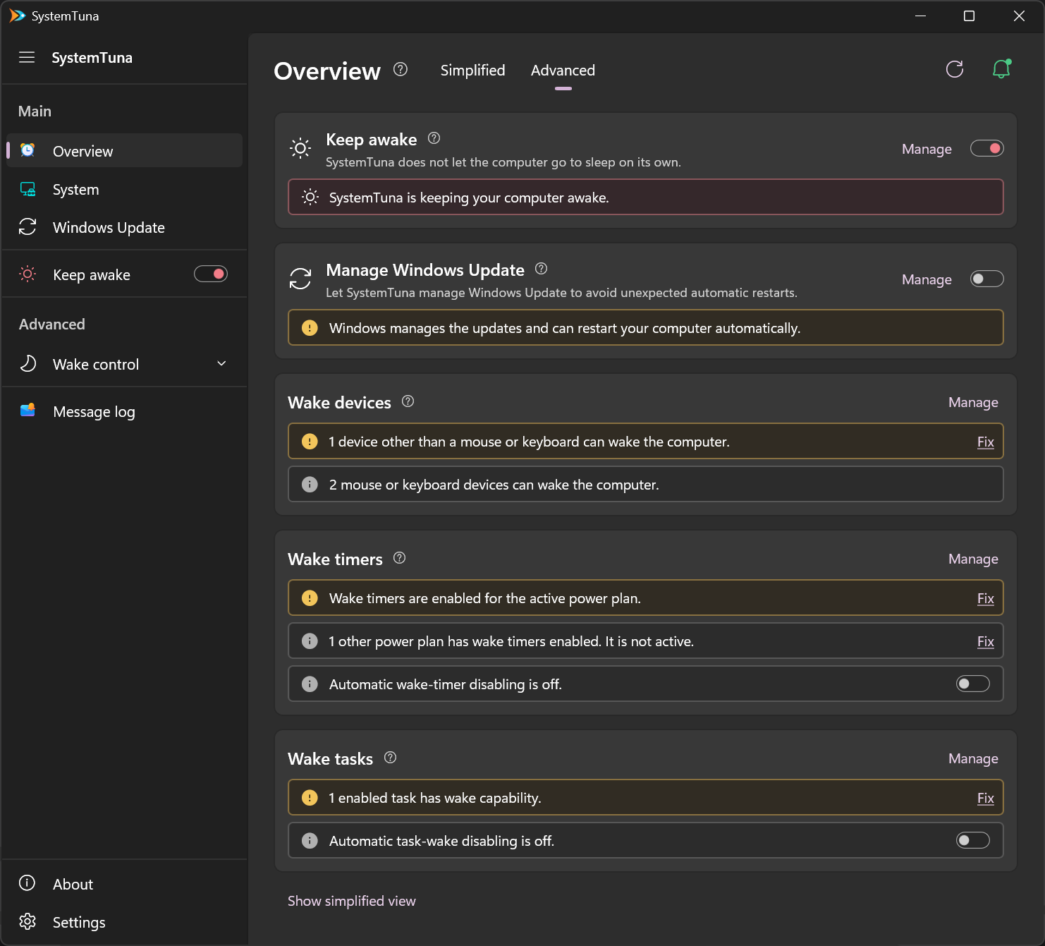The Advanced Overview right after installing SystemTuna