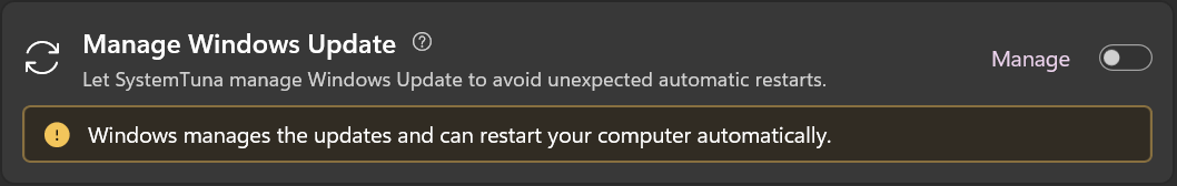 The Manage Windows Update card on the Overview