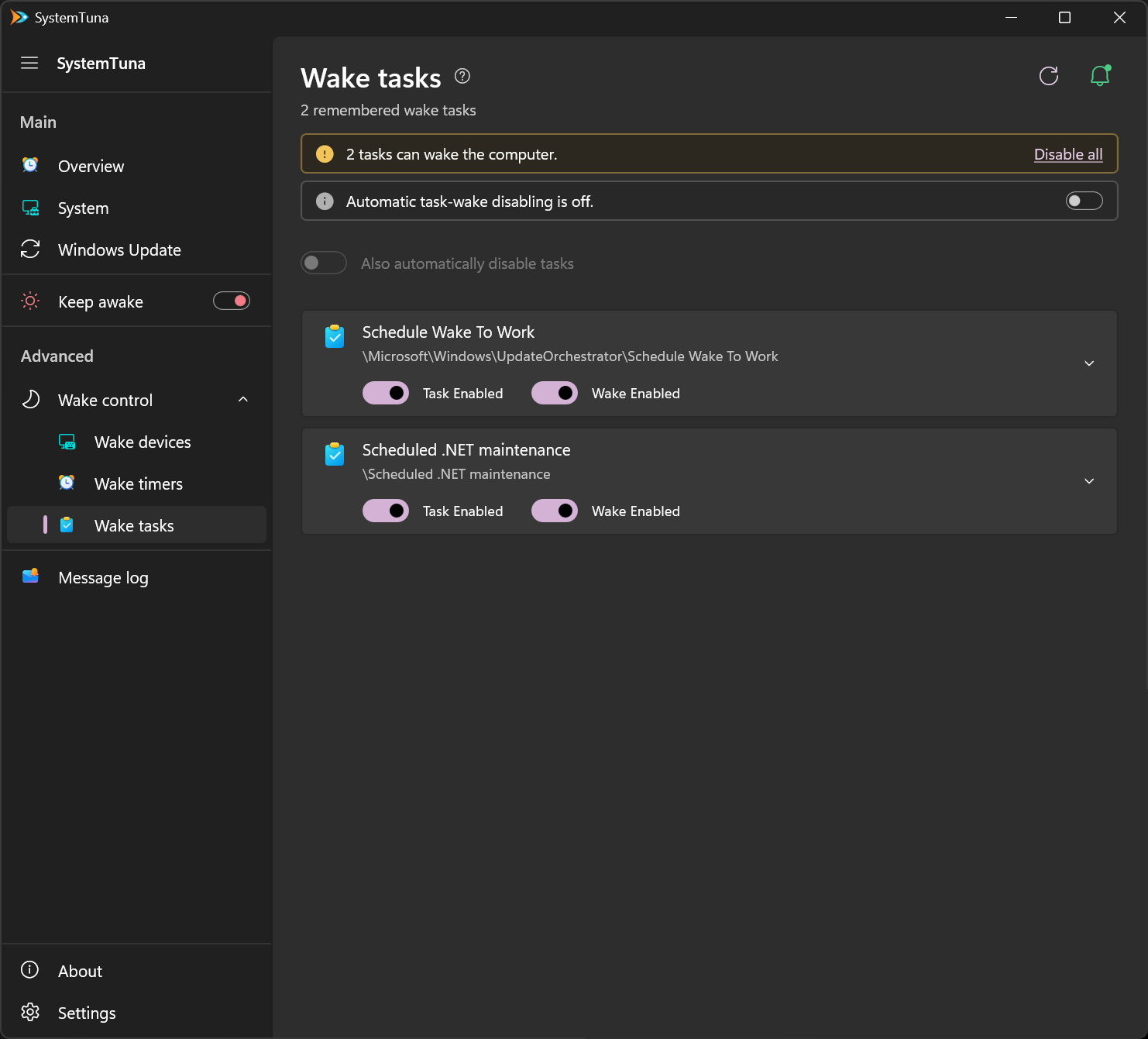 Two tasks can wake this PC, one of them from Windows Update. The Wake tasks page