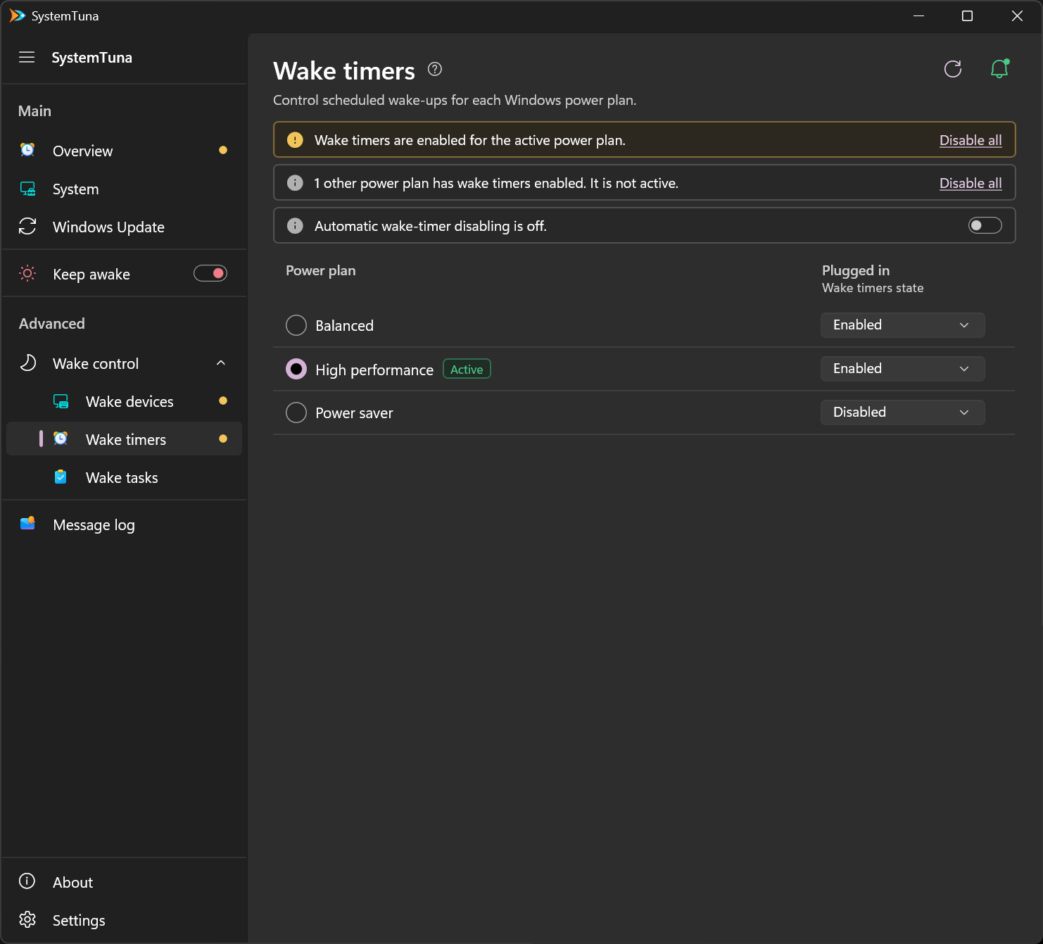 Wake timers are enabled in the active power plan, High performance, and in Balanced. The Wake timers page